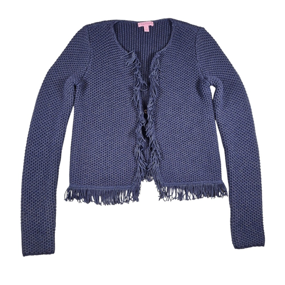 Lilly Pulitzer Fringe Hem Navy Blue Front Clasp Cardigan Sweater Women's Size XS